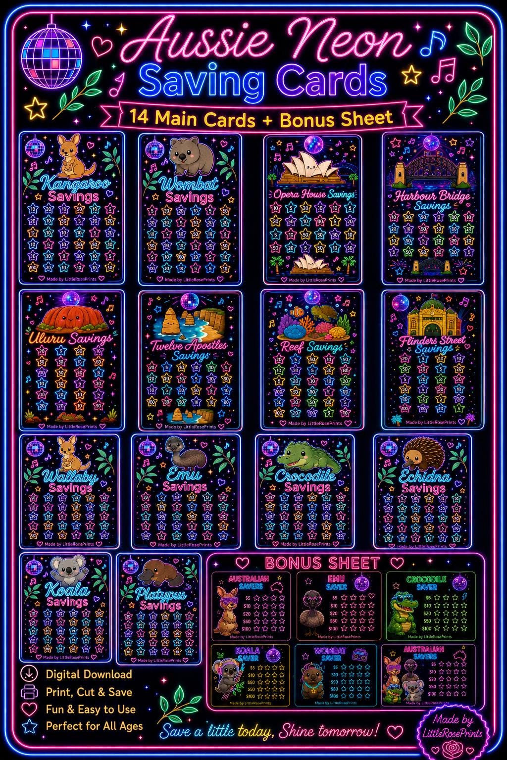 Neon Australian Savings Challenge Cards, Aussie Animals, Budget Tracker (Digital Download)