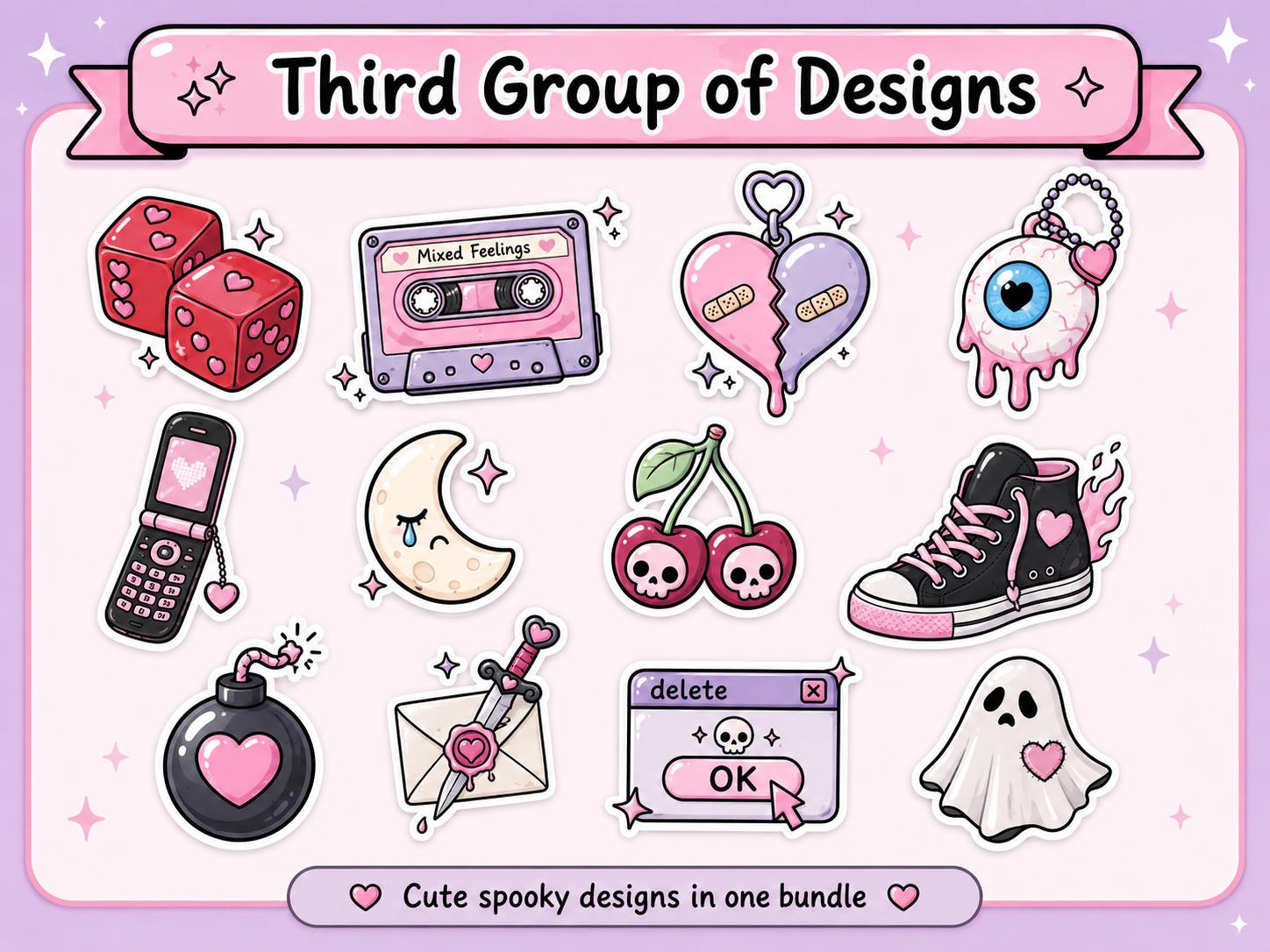 20 Pastel Goth PNG Stickers, Cute Creepy Y2K Clipart Bundle, Kawaii Emo Digital Download for Journals and Scrapbooking