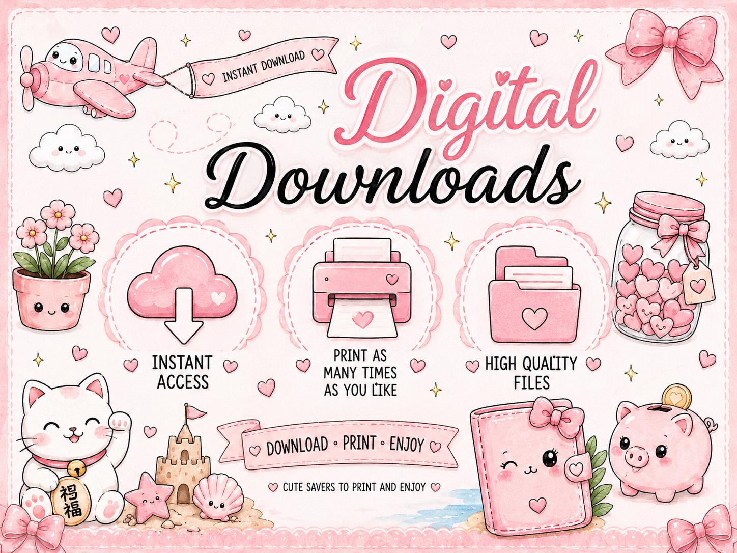 Kawaii Savings Challenge Bundle, A4 Cash Stuffing Trackers, Budget Planner (Digital Download)