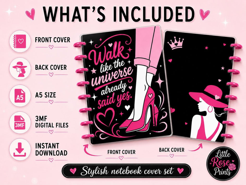 Women Empowerment A5 Notebook Cover 3MF Set | Motivational Pink Front, Back & Rings | 3D Printable Digital File