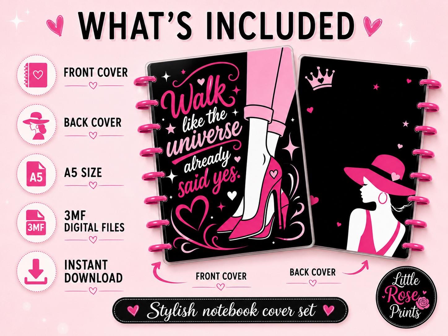 Women Empowerment A5 Notebook Cover 3MF Set | Motivational Pink Front, Back & Rings | 3D Printable Digital File