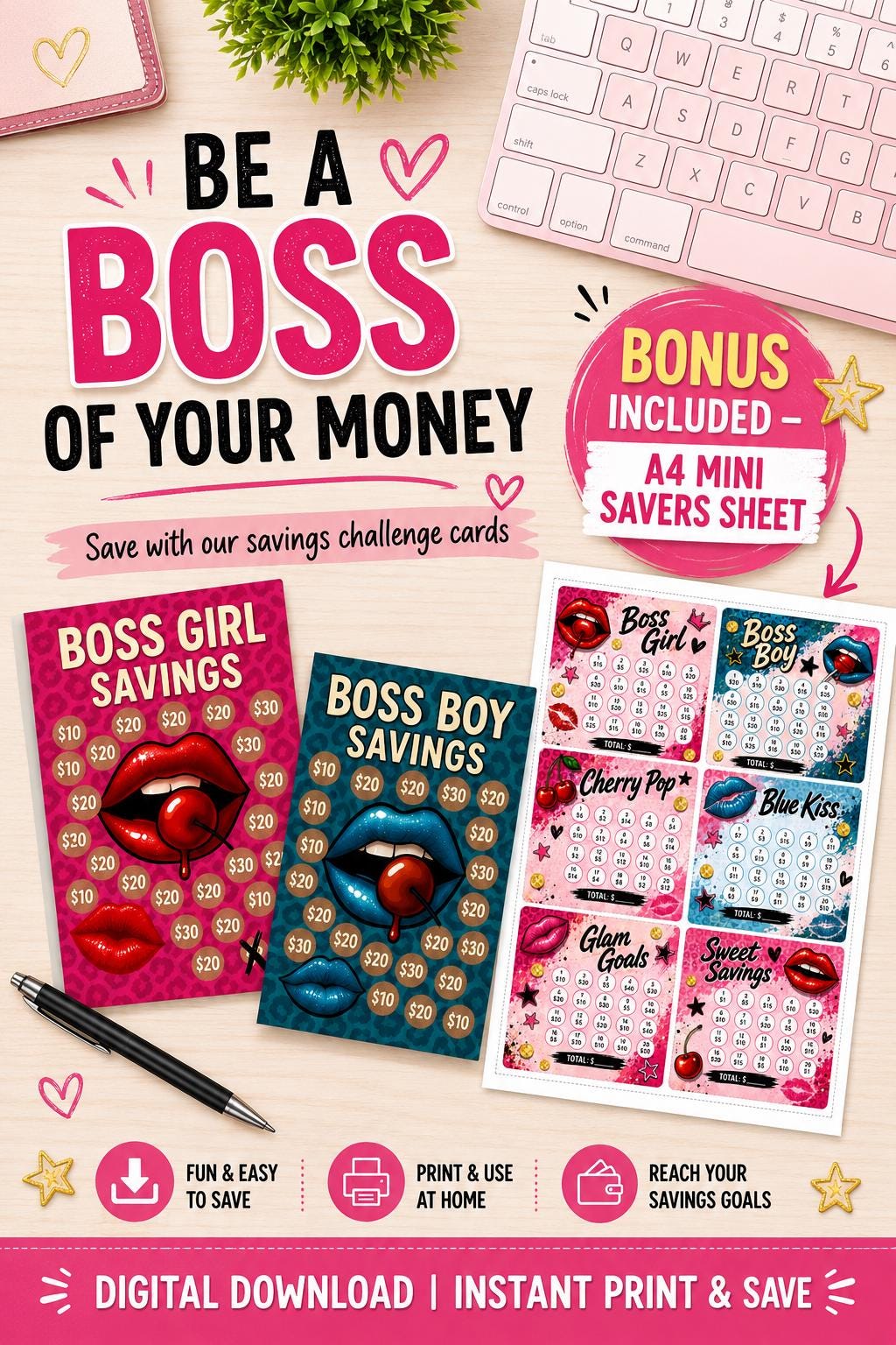 Boss Savings Challenge Tracker | Printable Cash Stuffing Envelope (Digital Download)