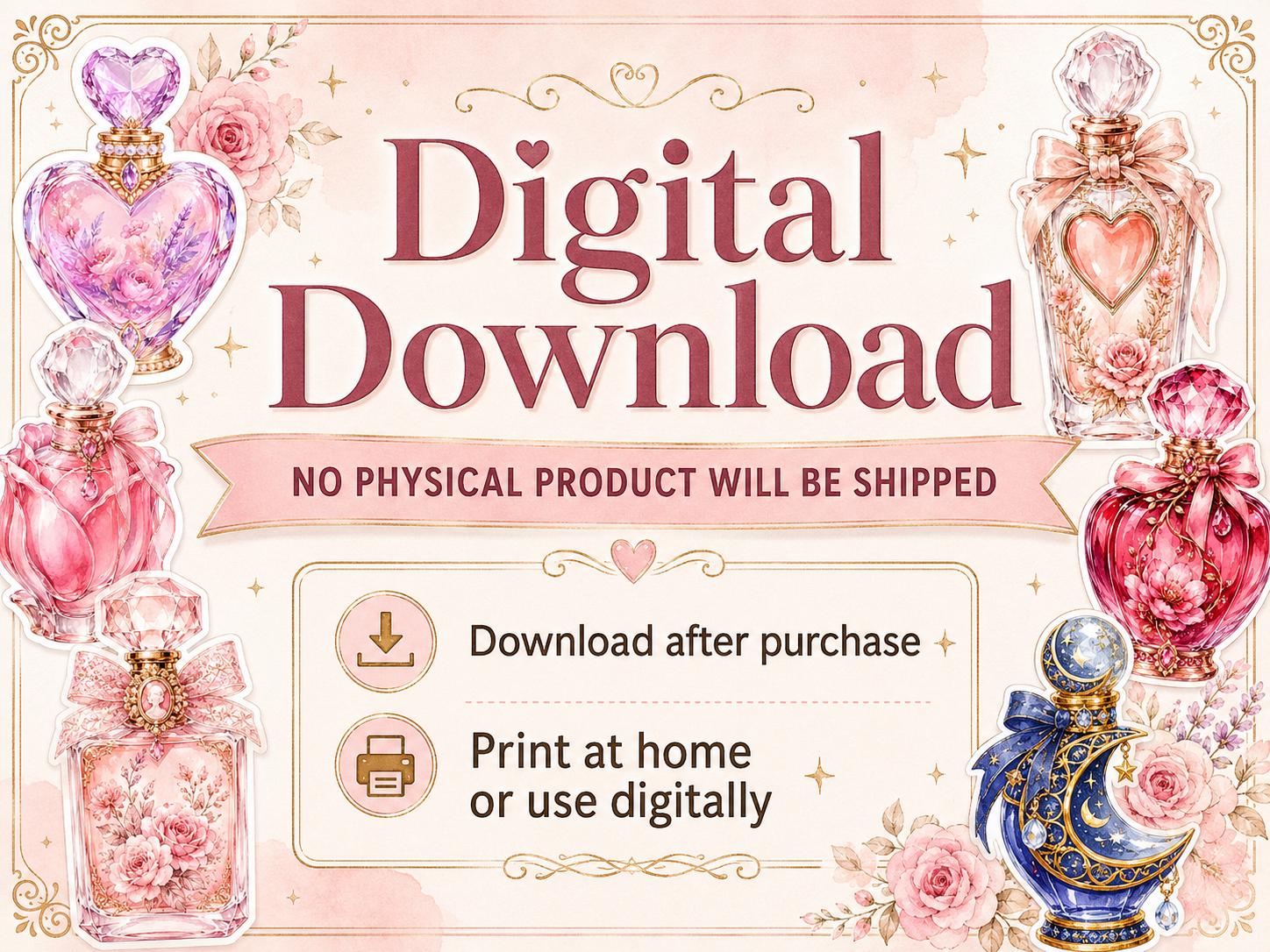 Perfume Bottle PNG Clipart Bundle, 25 Watercolor Floral Stickers for Journals and Scrapbooking