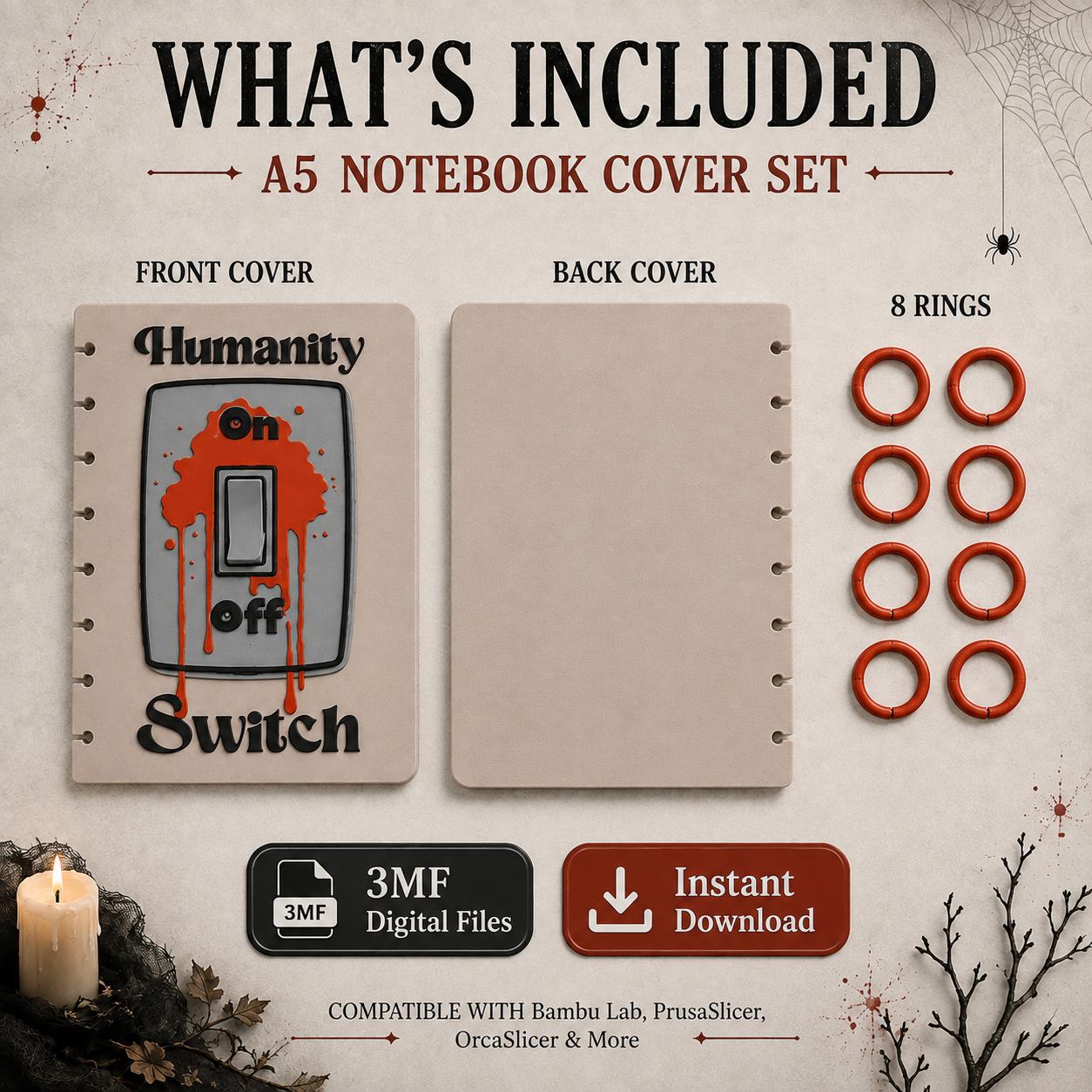 Humanity Switch A5 Notebook Cover 3MF File | Horror Discbound Journal Cover | Spooky Gothic Planner Cover | 3D Print Digital Download
