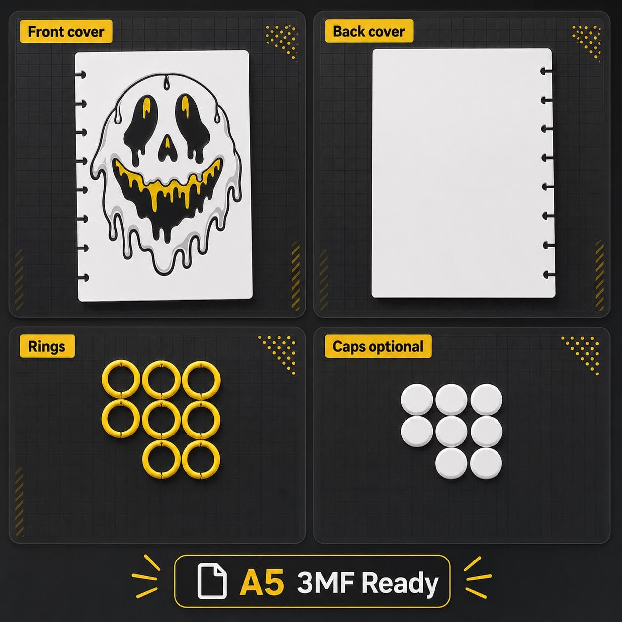 Drippy A5 Notebook Cover Bundle 3MF | 8 Designs, Front - Back Covers, Rings & Caps | 3D Printable Digital Download