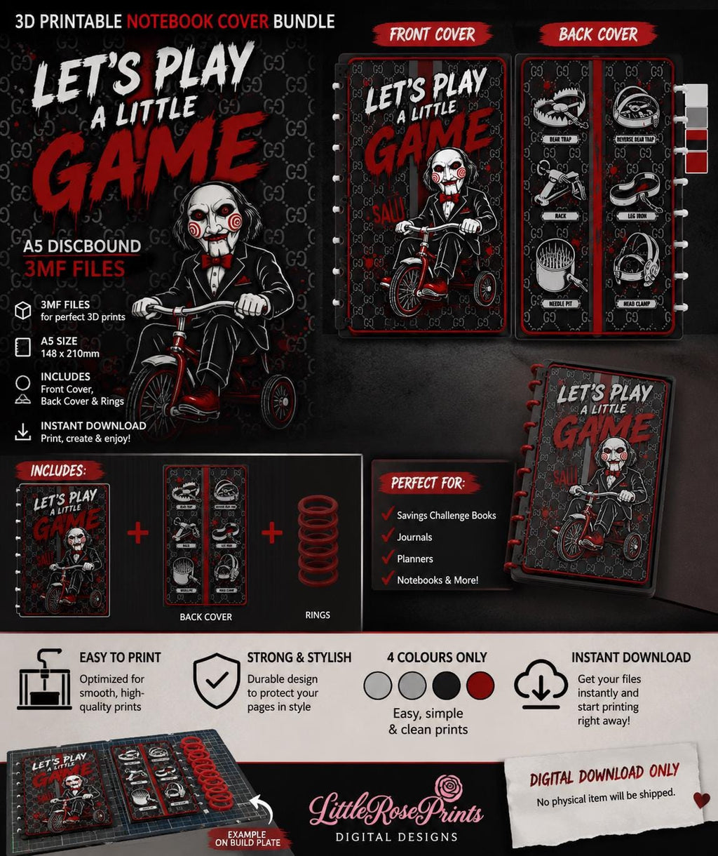 Horror Game A5 Notebook Cover 3MF Files, Discbound Cover and 8 Rings, Digital Download