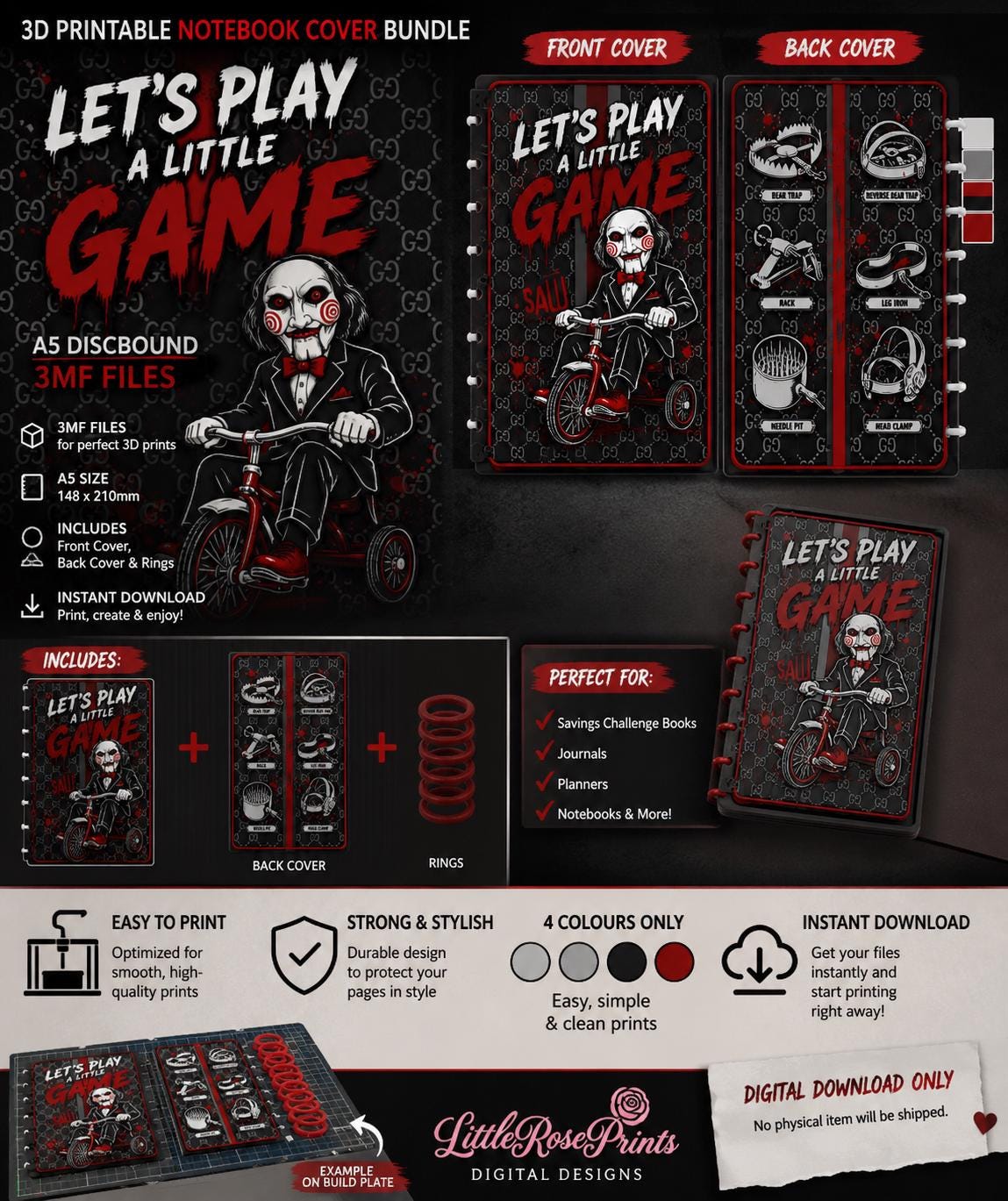 Horror Game A5 Notebook Cover 3MF Files, Discbound Cover and 8 Rings, Digital Download