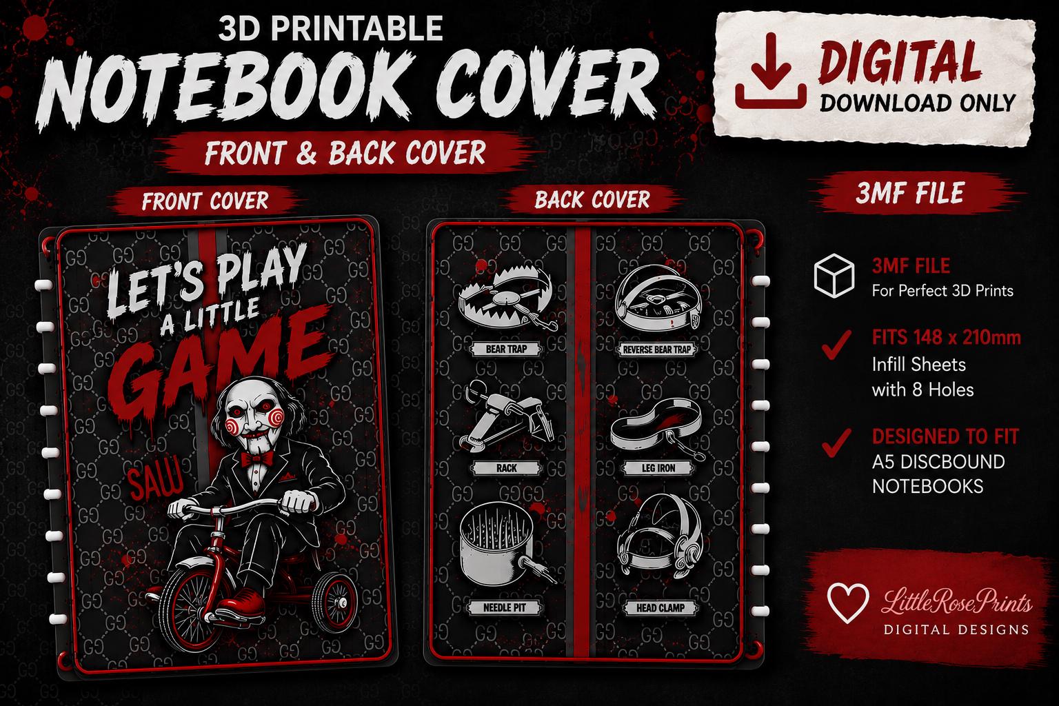 Horror Game A5 Notebook Cover 3MF Files, Discbound Cover and 8 Rings, Digital Download