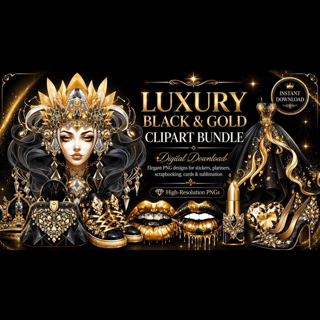 Black N Gold Luxury Clipart Bundle, 21 PNG Designs, Glam Queen Fashion Sublimation, Graduation Bonus, T-Shirt & Sticker Graphics