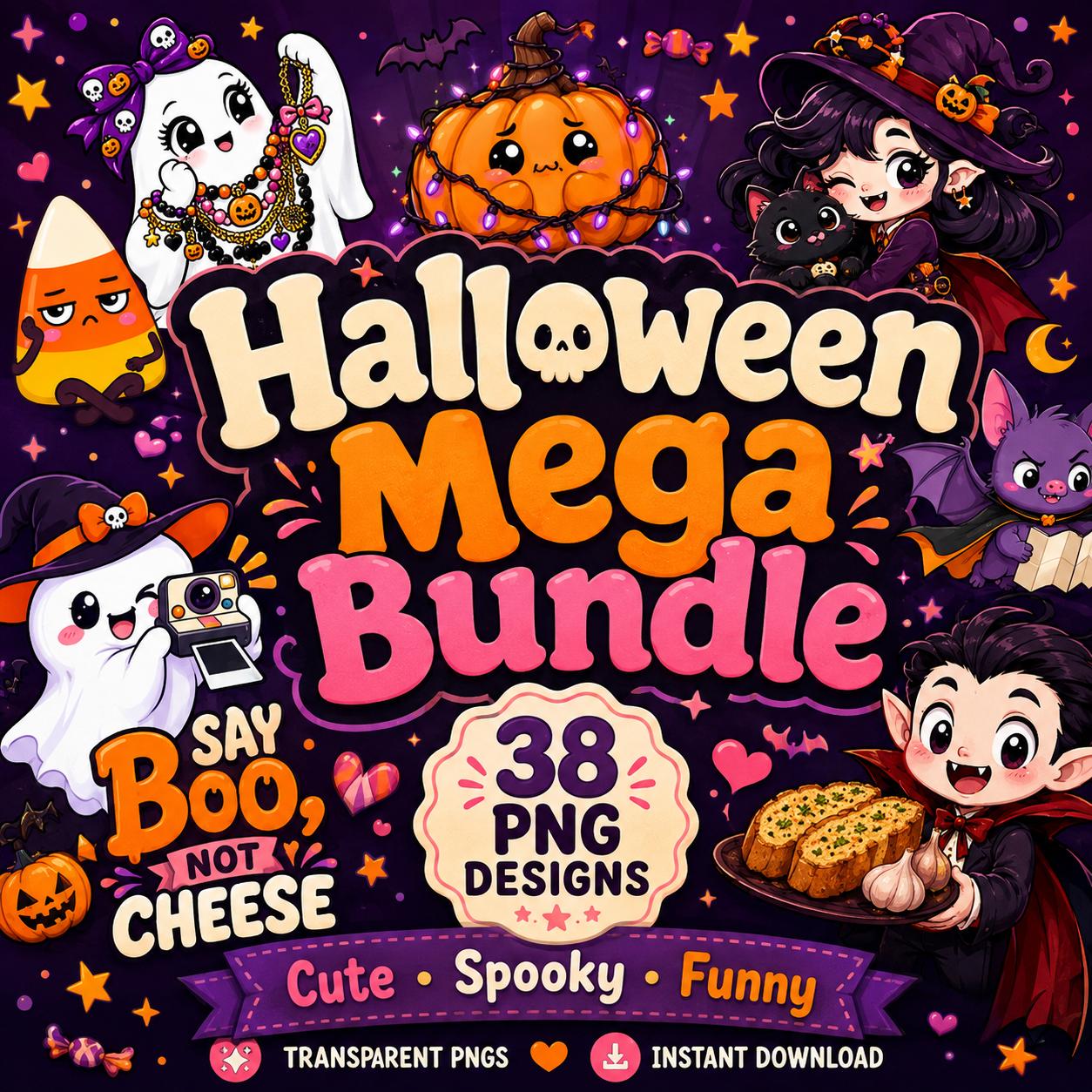 Halloween PNG Bundle, 38 Funny Cute Spooky Designs for Shirts, Stickers & Sublimation