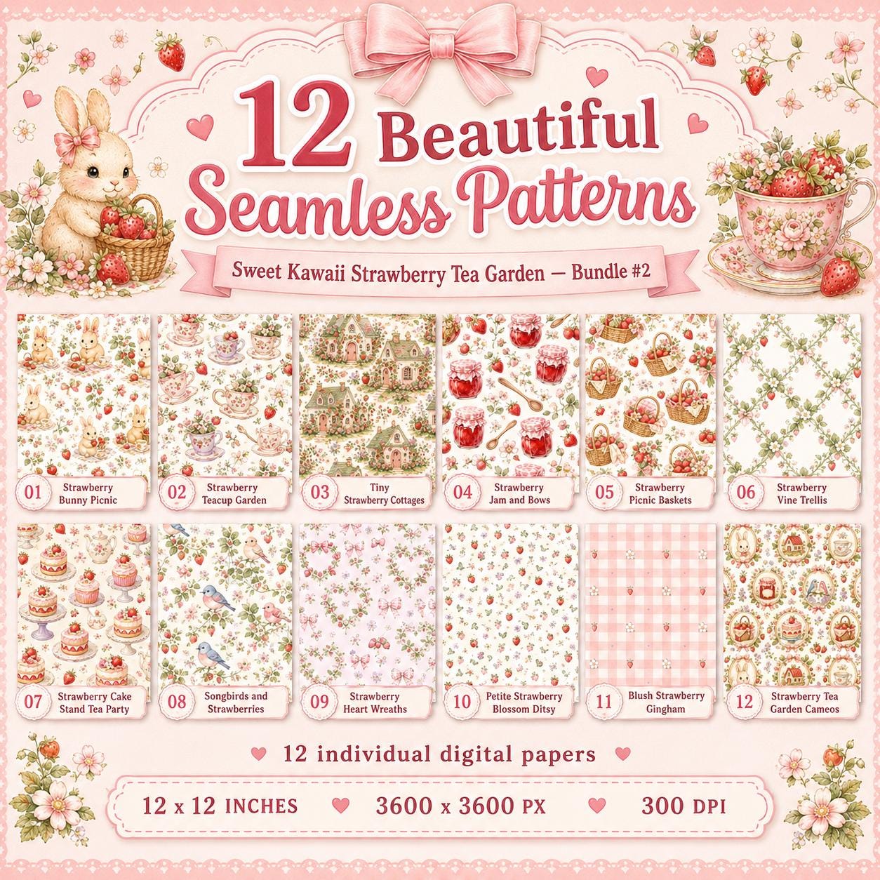 Strawberry Seamless Pattern Bundle, Kawaii Cottagecore Digital Paper, 12 Strawberry Tea Garden Papers, Scrapbook Paper, 300 DPI