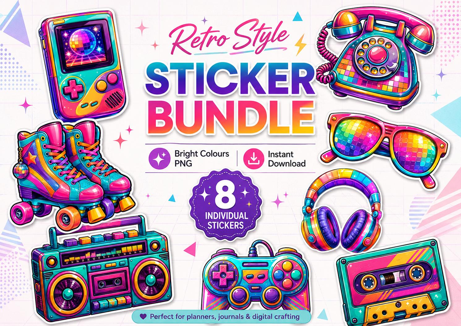 Retro Style Sticker Bundle PNG | 8 Bright 80s 90s Digital Stickers | Planner Journal Clipart | Instant Download PNG Files