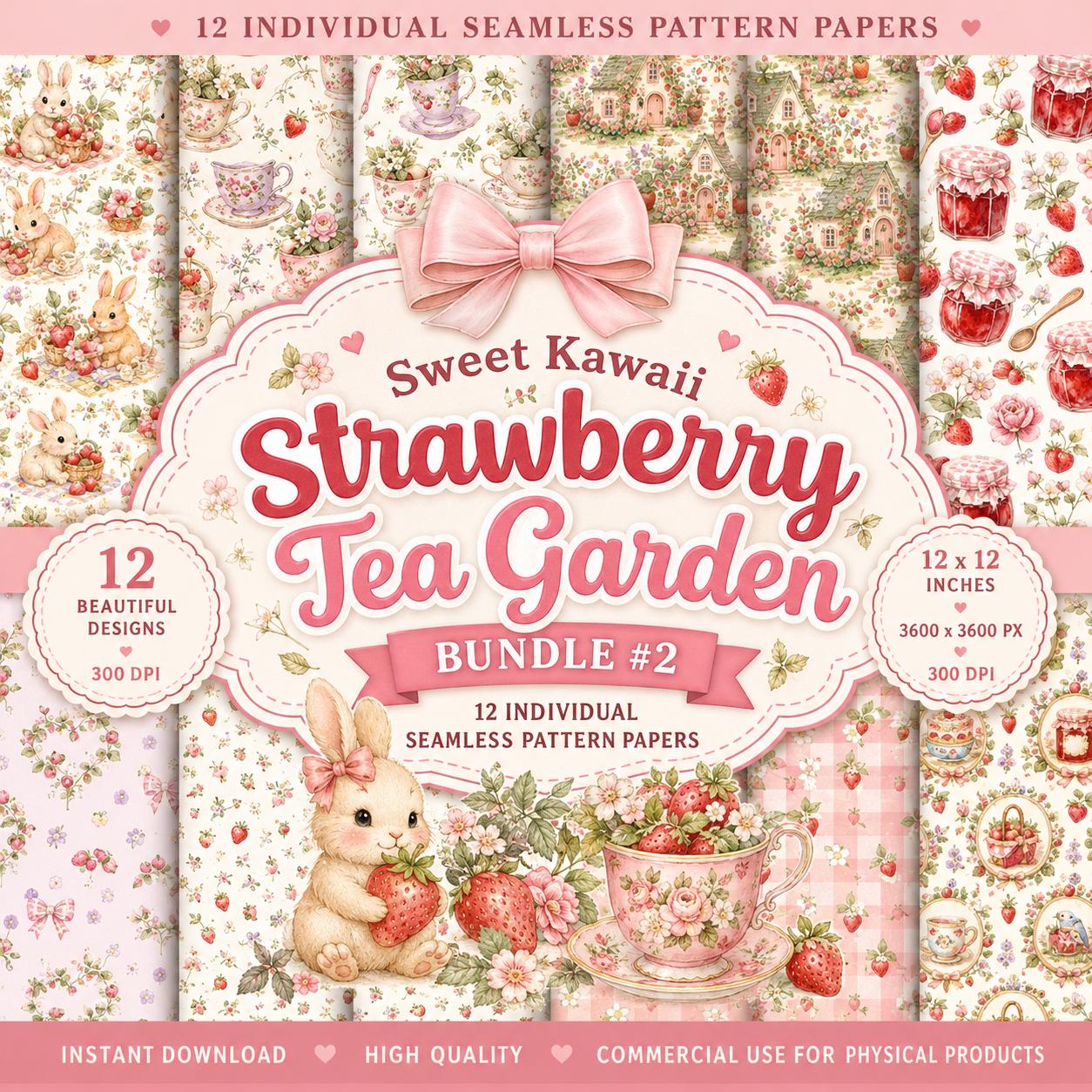 Strawberry Seamless Pattern Bundle, Kawaii Cottagecore Digital Paper, 12 Strawberry Tea Garden Papers, Scrapbook Paper, 300 DPI
