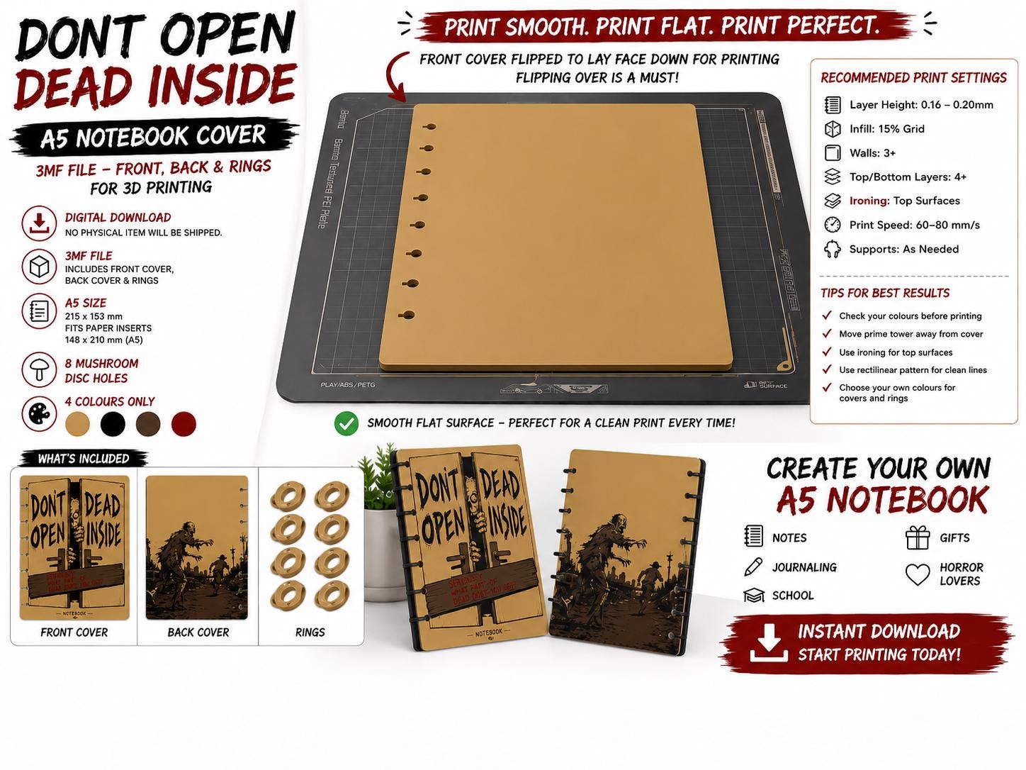 Zombie Horror A5 Notebook Cover 3MF Files: Front and Back Digital 3D Print Design