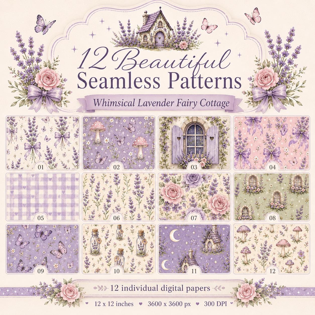 Lavender Fairy Cottage Digital Paper, Seamless Pattern Bundle, Whimsical Cottagecore Scrapbook Paper, Purple Floral Printable Paper
