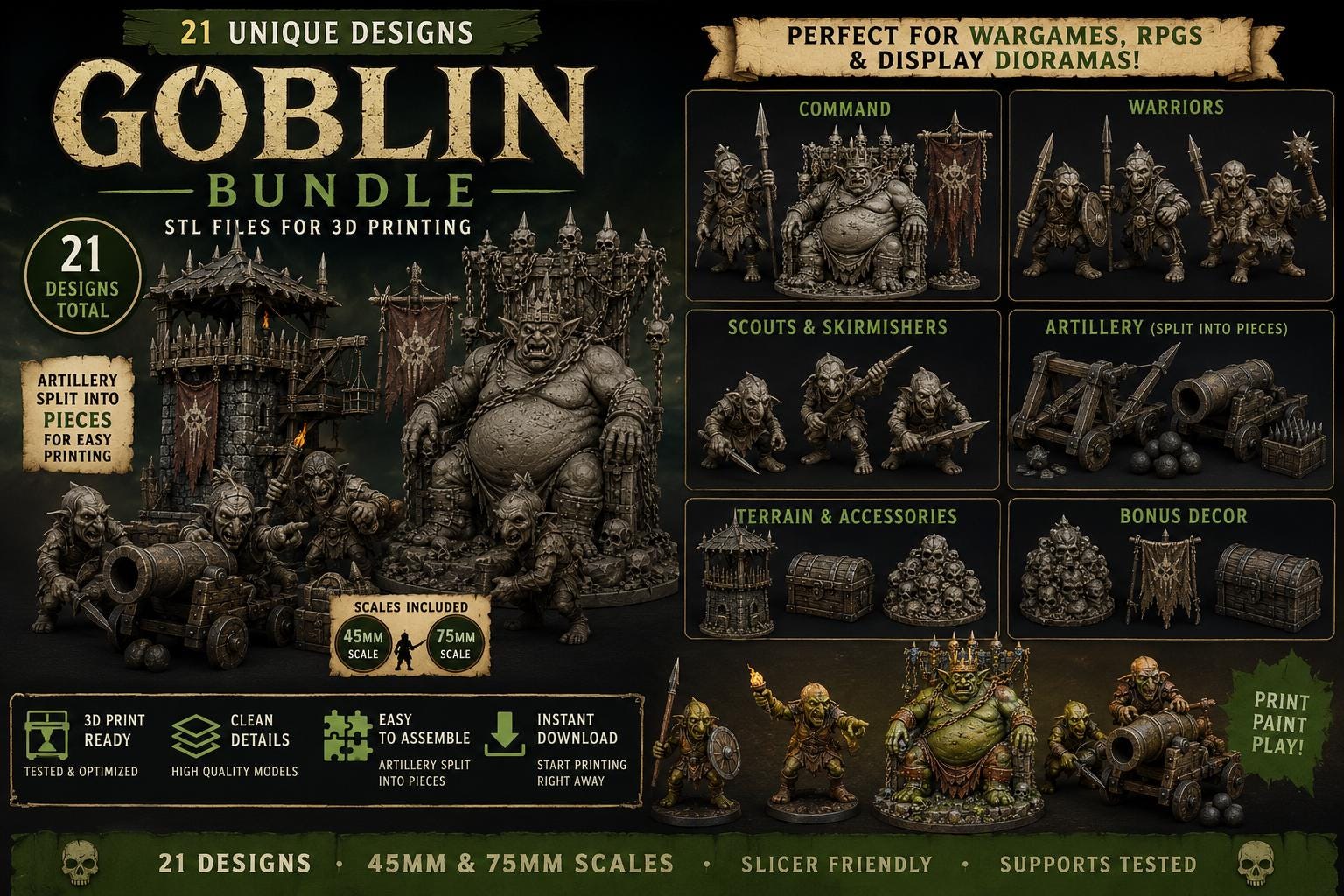 Goblin STL Bundle: 21 Dark Fantasy Miniatures and Terrain, 45mm & 75mm