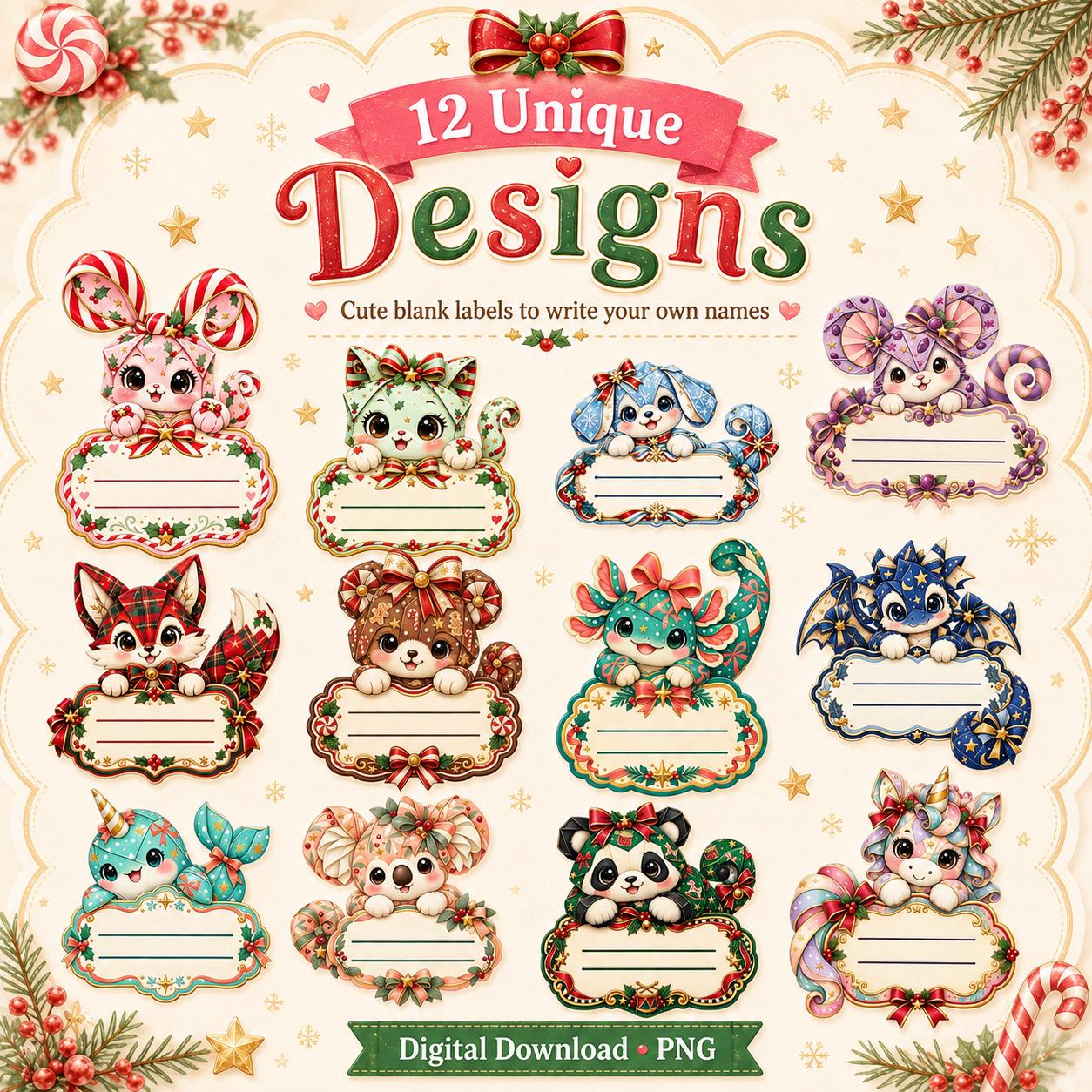 Printable Christmas Name Stickers, 12 Kawaii Gift Labels, Digital Download