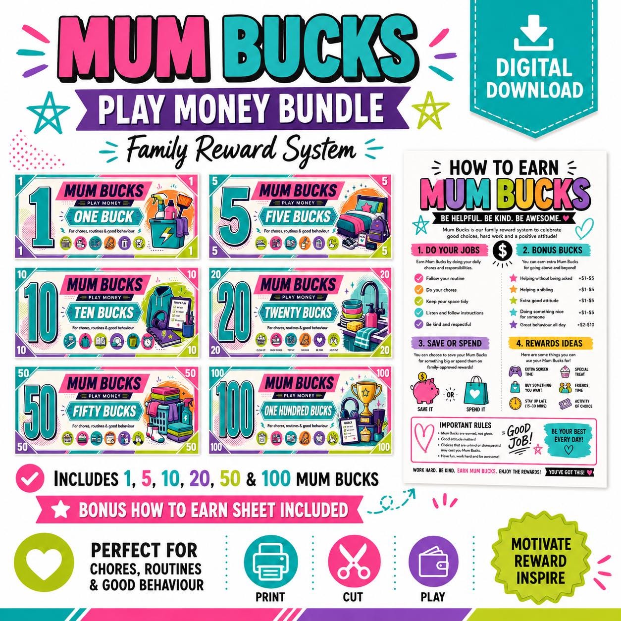 Mum Bucks Printable Reward Money, Chore Chart System, Kids Behaviour Rewards, Digital Download