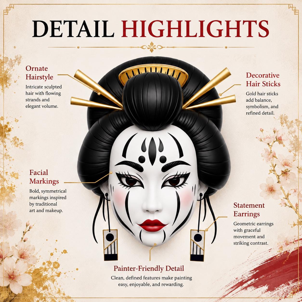 Geisha Head STL File | Japanese Inspired Female Face Sculpt | Resin 3D Printing Model | Miniature Painting Hobby Digital Download