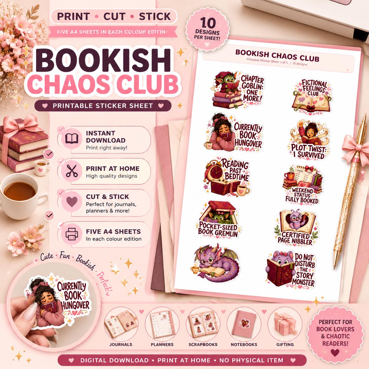 Bookish Chaos Club Sticker Bundle: 100 PNGs, Printable Sheets, GoodNotes
