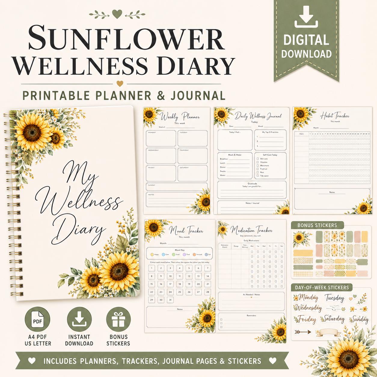 Sunflower Wellness Diary Printable Planner | Daily Journal, Habit Tracker (Digital Download)