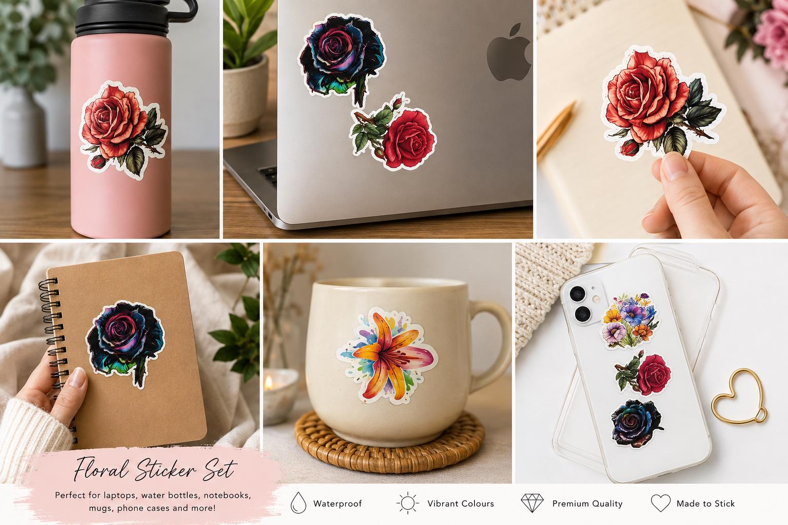 15 Floral Vinyl Sticker Bundle | Unique Flower Stickers | Matte Waterproof Stickers | Laptop Sticker Pack | Planner | Water Bottle Decals