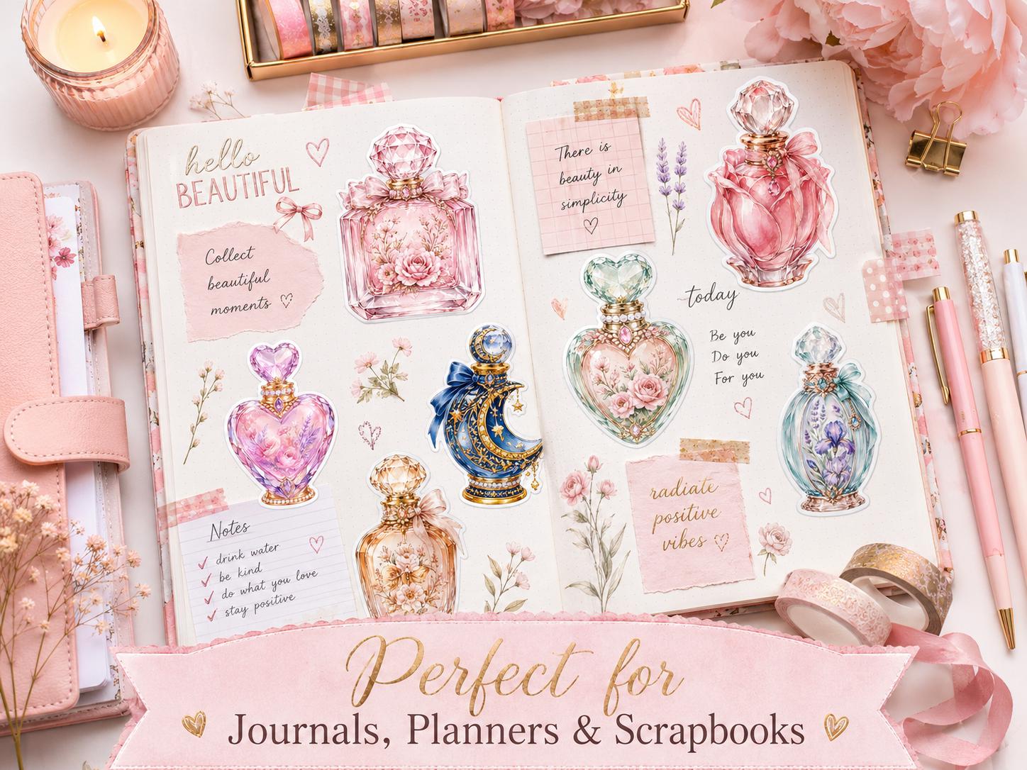 Perfume Bottle PNG Clipart Bundle, 25 Watercolor Floral Stickers for Journals and Scrapbooking