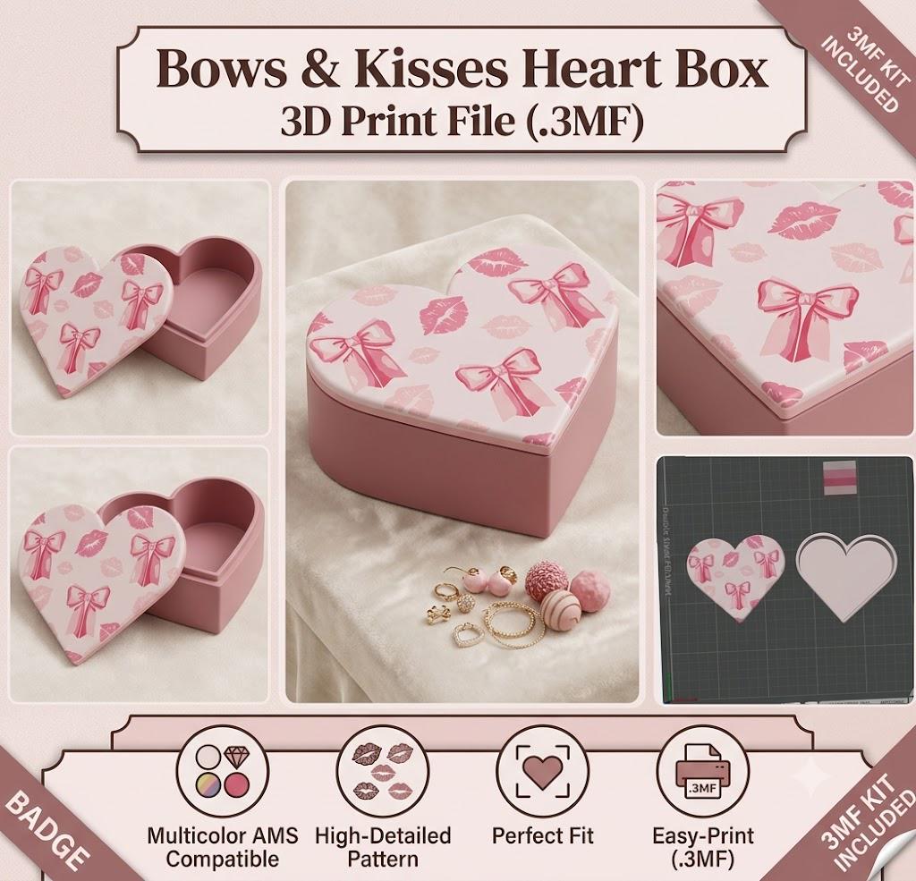 Coquette Bow & Kisses Heart Box – Multi-Color 3D Print File (.3MF)