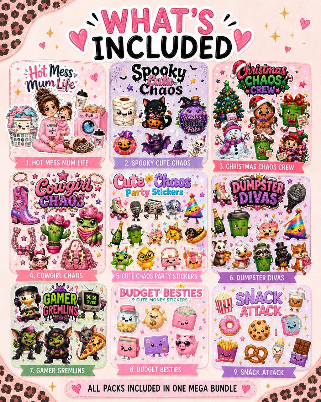 Mega Bundle 93 Cute PNG Stickers: Kawaii Clipart with 9 Themed Packs
