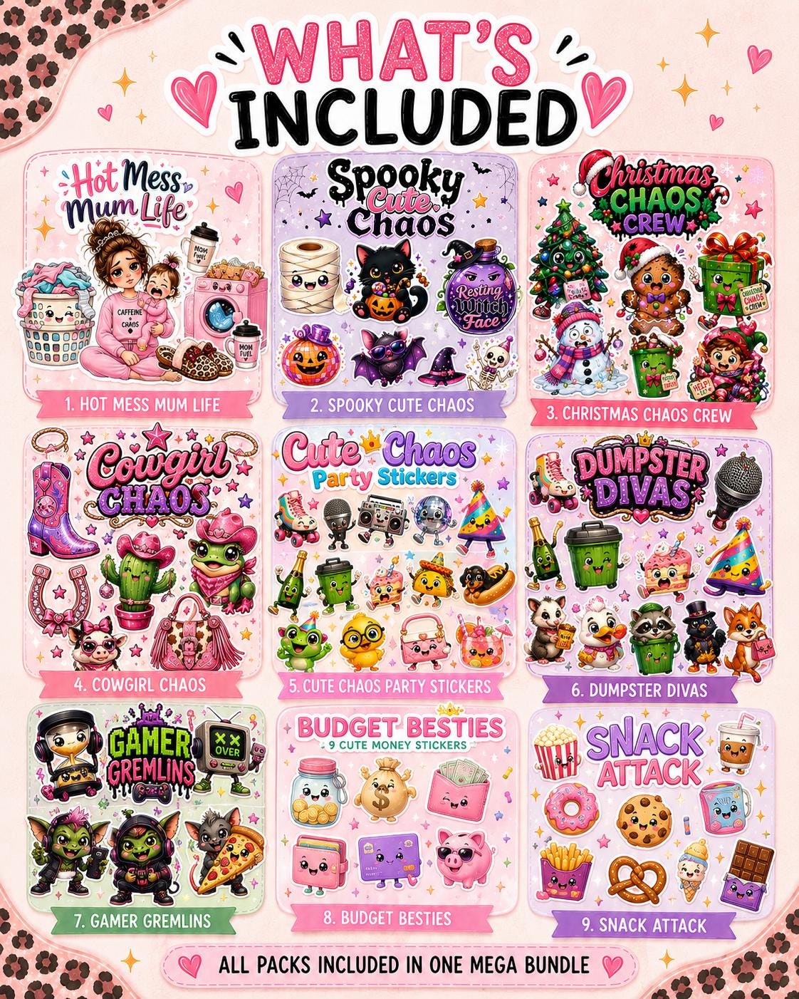 Mega Bundle 93 Cute PNG Stickers: Kawaii Clipart with 9 Themed Packs