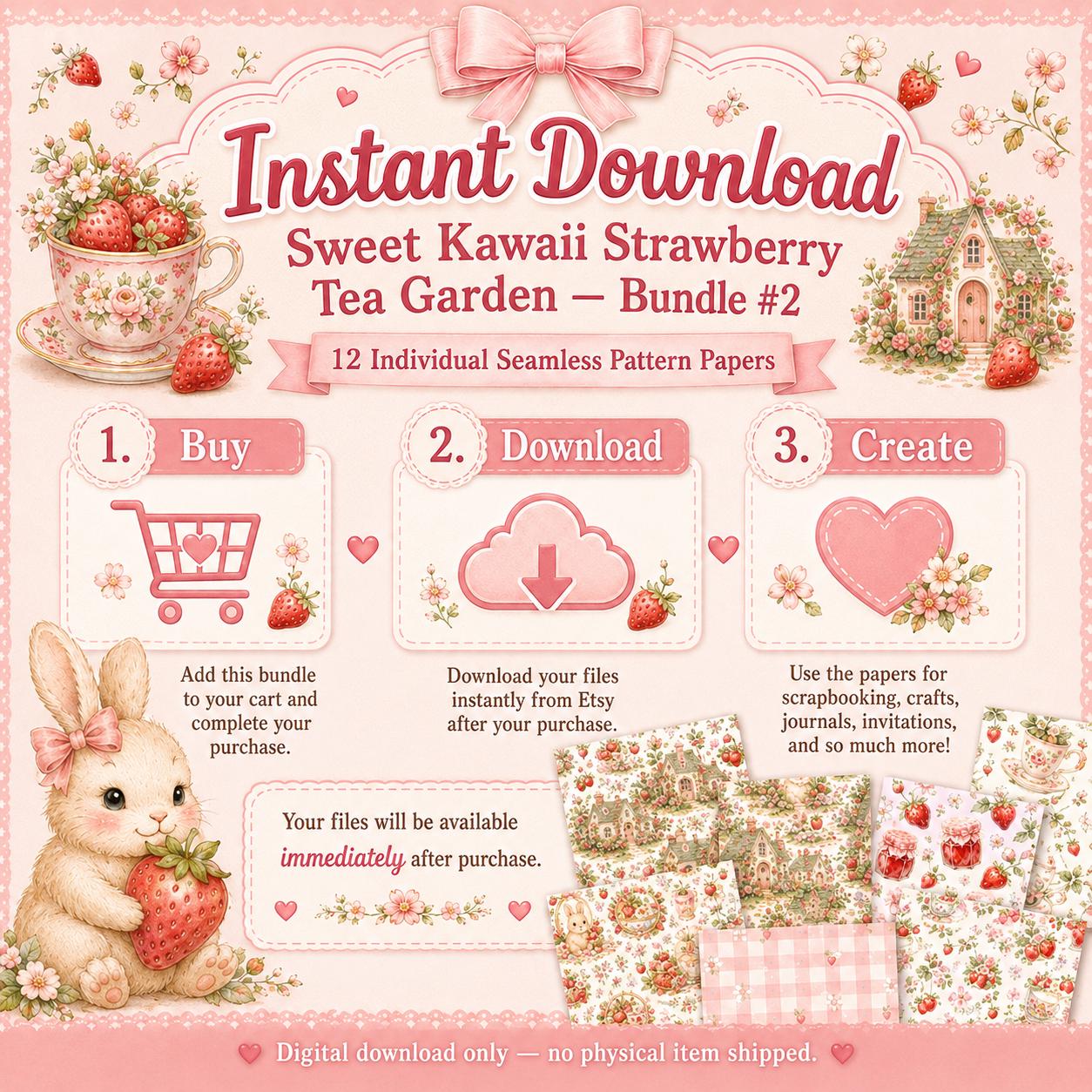 Strawberry Seamless Pattern Bundle, Kawaii Cottagecore Digital Paper, 12 Strawberry Tea Garden Papers, Scrapbook Paper, 300 DPI