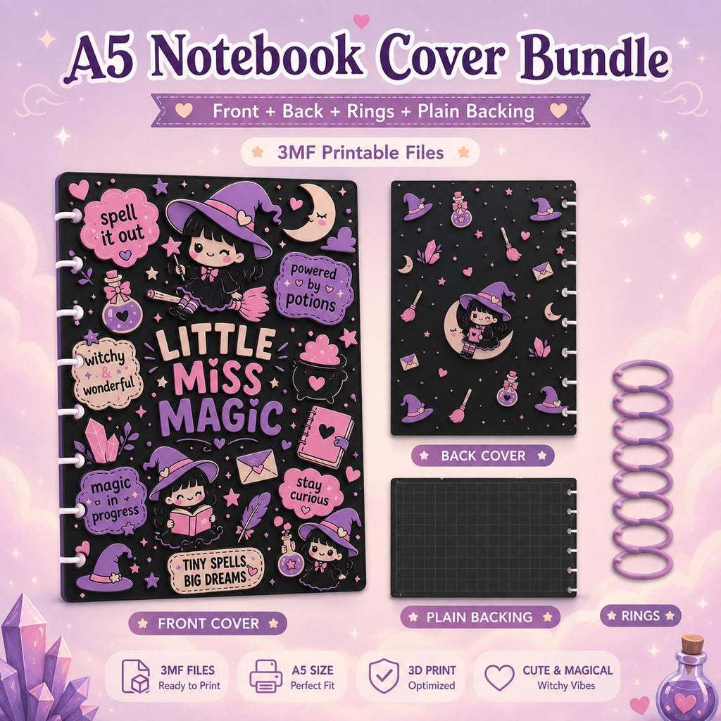 Little Miss Magic A5 Notebook Cover 3MF File | Witchy 3D Printable Front Back Rings | Cute Witch Notebook Cover Bundle