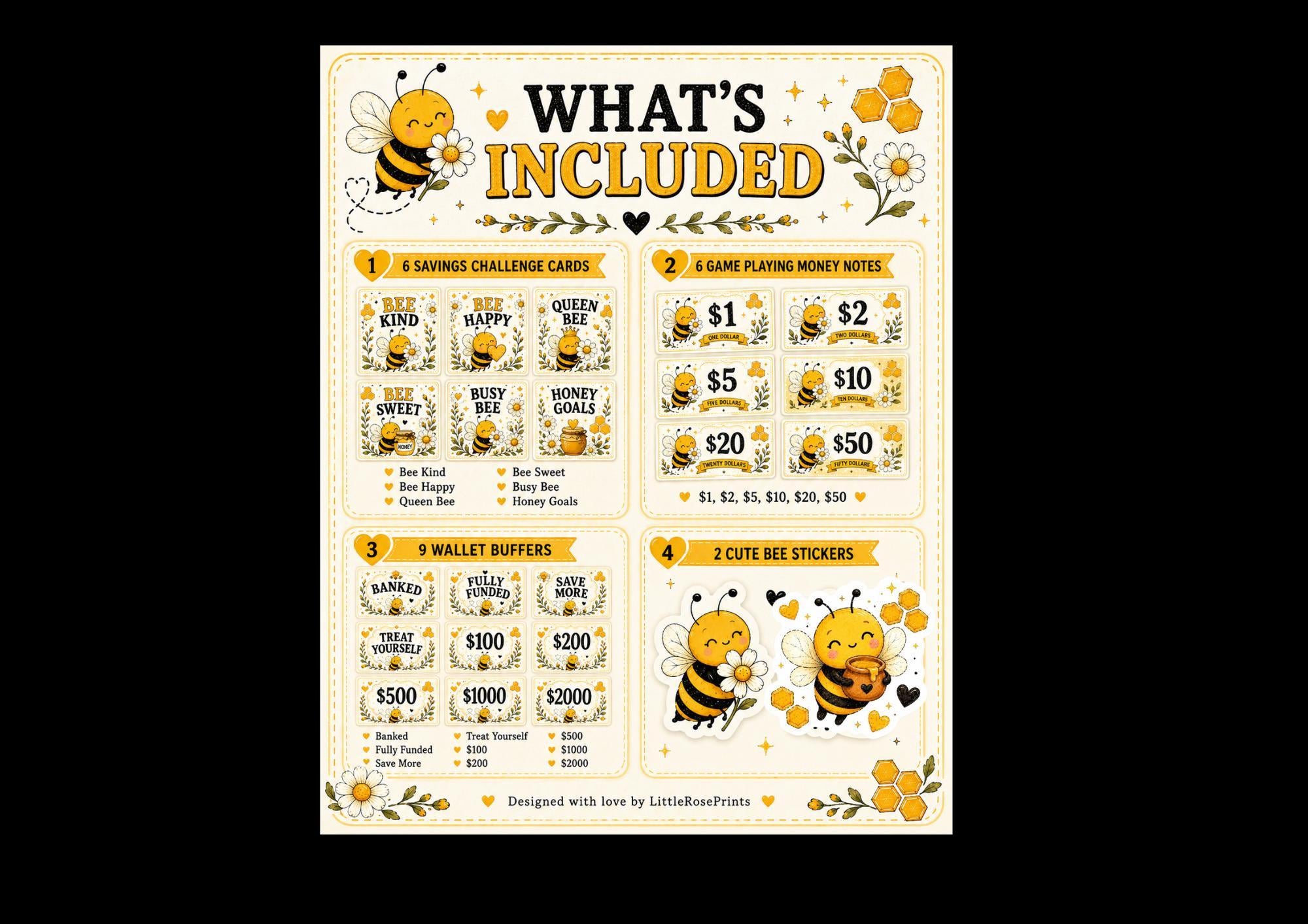 Bee Cash Stuffing Printable Bundle: Savings Challenges, Game Money & Banked Cash Buffer Cards