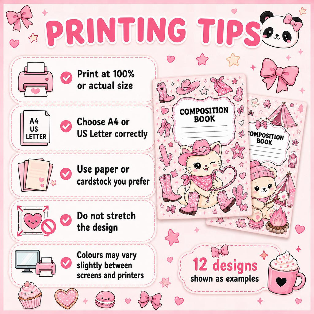 30 Kawaii Composition Notebook Covers, Printable A4 and US Letter Bundle, Cute Pink School Journal Covers, Instant Digital Download