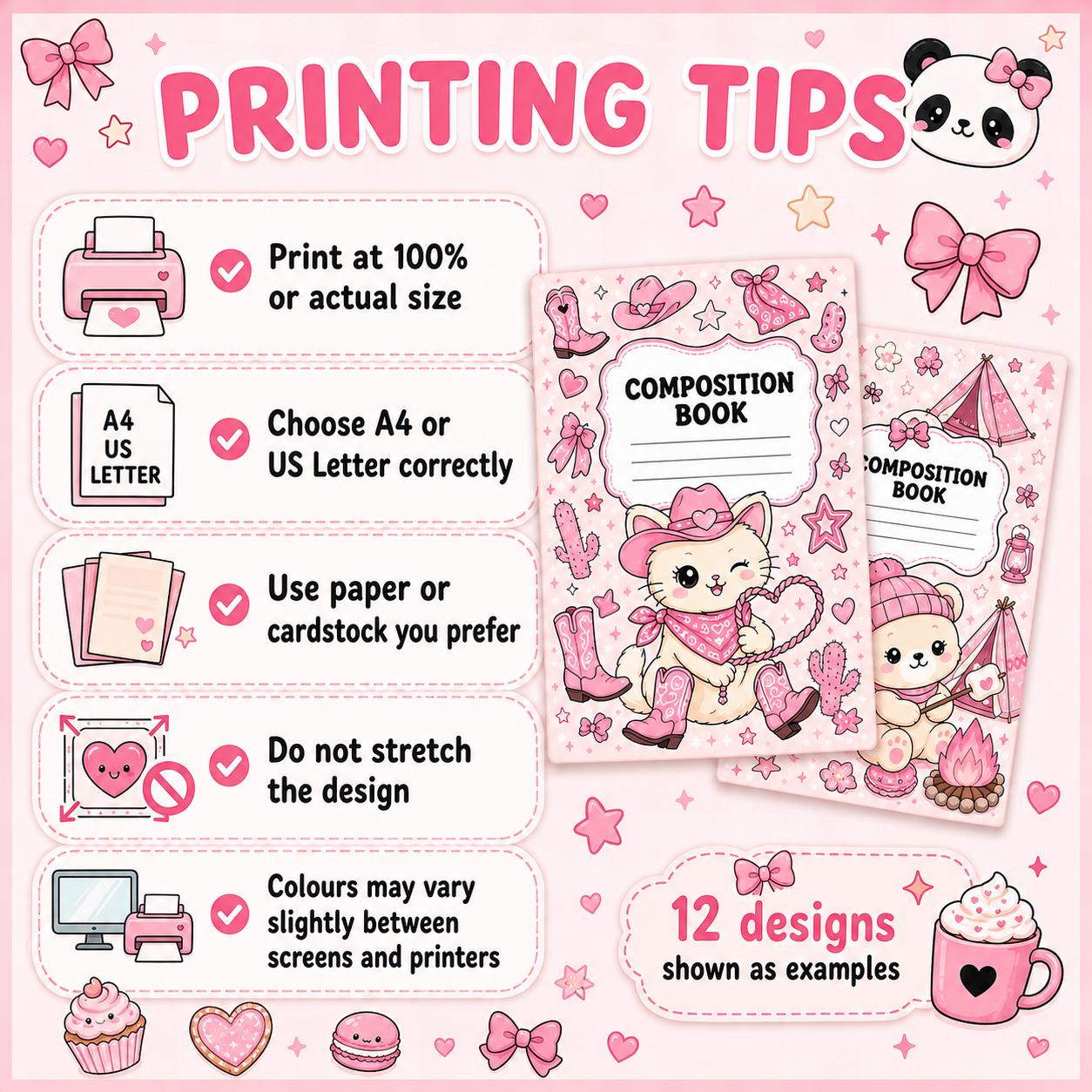 30 Kawaii Composition Notebook Covers, Printable A4 and US Letter Bundle, Cute Pink School Journal Covers, Instant Digital Download
