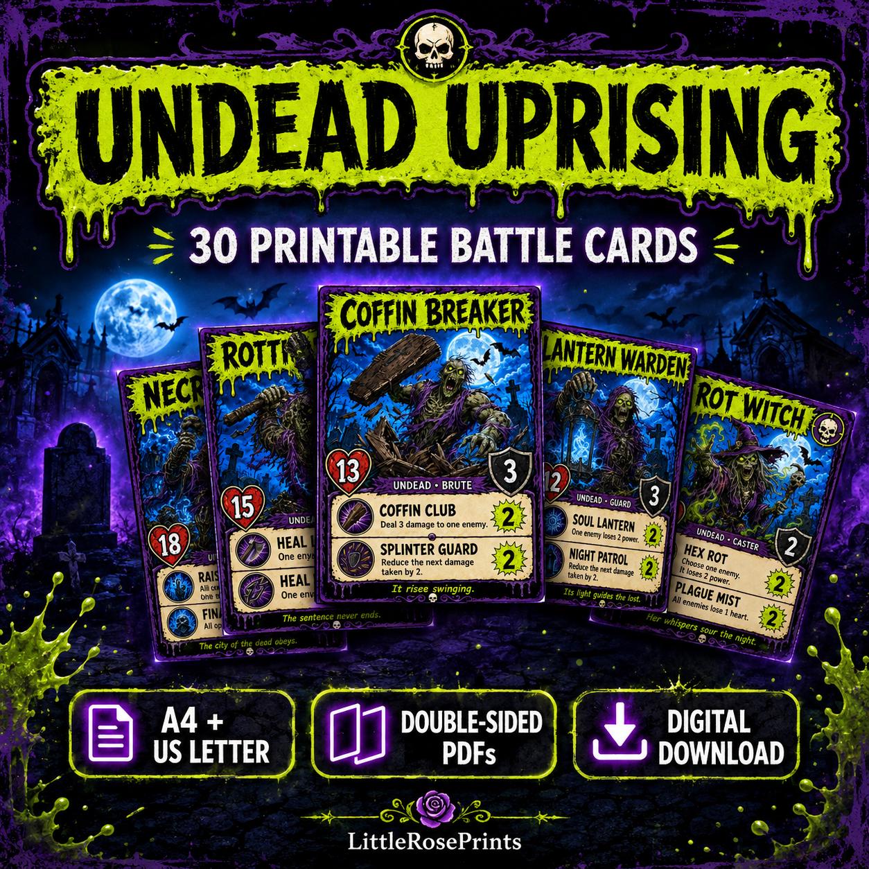 Undead Uprising Printable Battle Cards, 30 Zombie Game Cards, A4 & US Letter PDFs