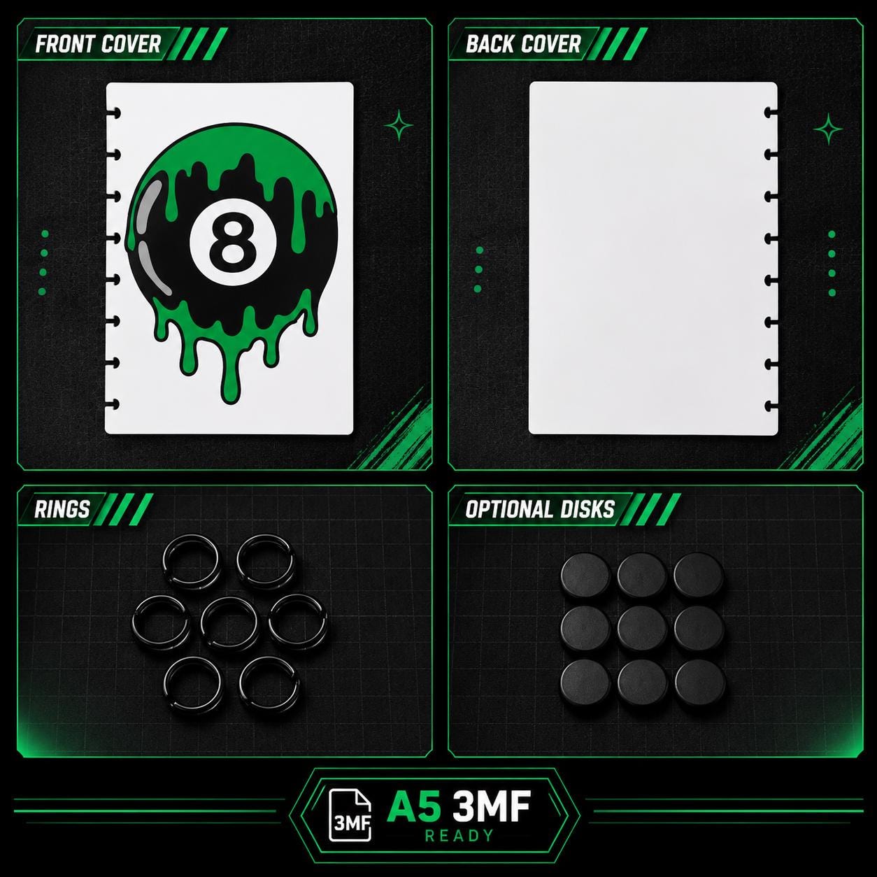 Drippy A5 Notebook Cover Bundle 3MF | 8 Designs, Front - Back Covers, Rings & Caps | 3D Printable Digital Download