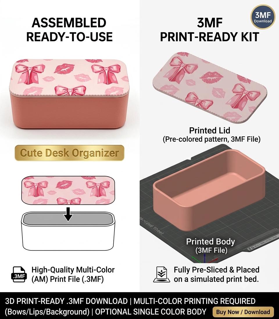 3D Print File Bows & Kisses Box .3MF | Cute Desktop Container, Makeup Organizer, Jewelry Storage | Multi-Color STL / 3MF Digital Download