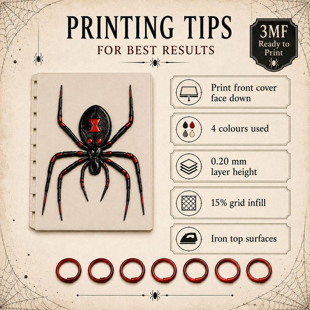 Spider A5 Notebook Cover 3MF File | Gothic Discbound Journal Cover | Spooky Planner Cover | Horror 3D Print Digital Download