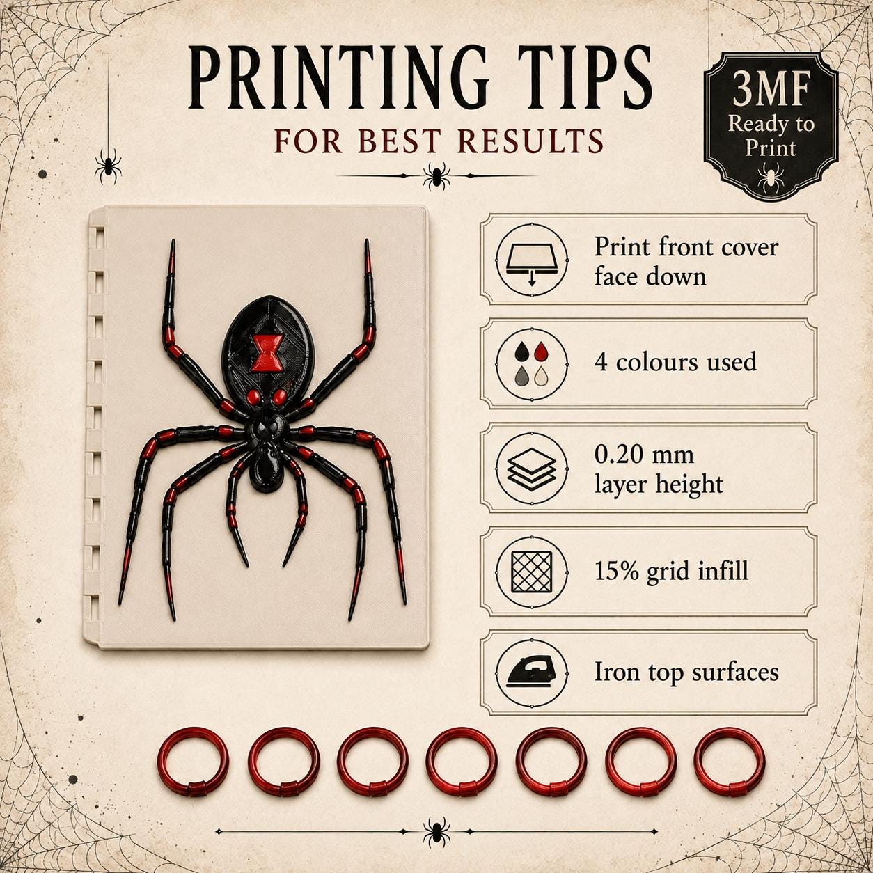 Spider A5 Notebook Cover 3MF File | Gothic Discbound Journal Cover | Spooky Planner Cover | Horror 3D Print Digital Download