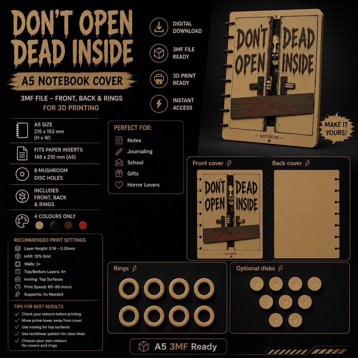 Zombie Horror A5 Notebook Cover 3MF Files: Front and Back Digital 3D Print Design