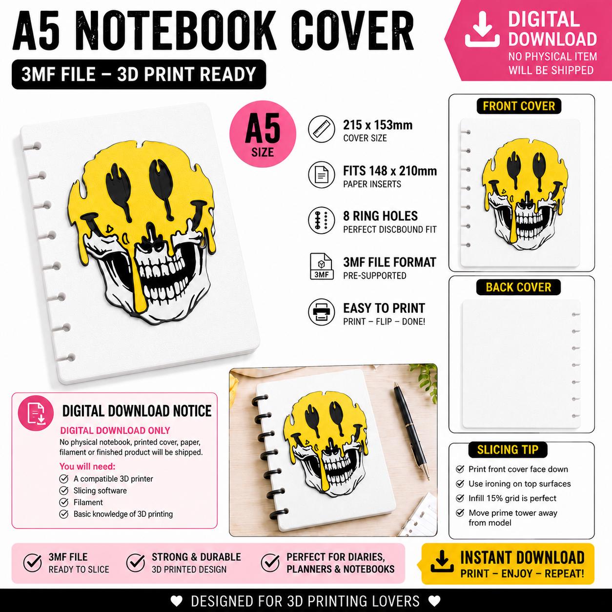 A5 Melting Smiley Skull Notebook Cover 3MF, Multicolour 3D Printable Set