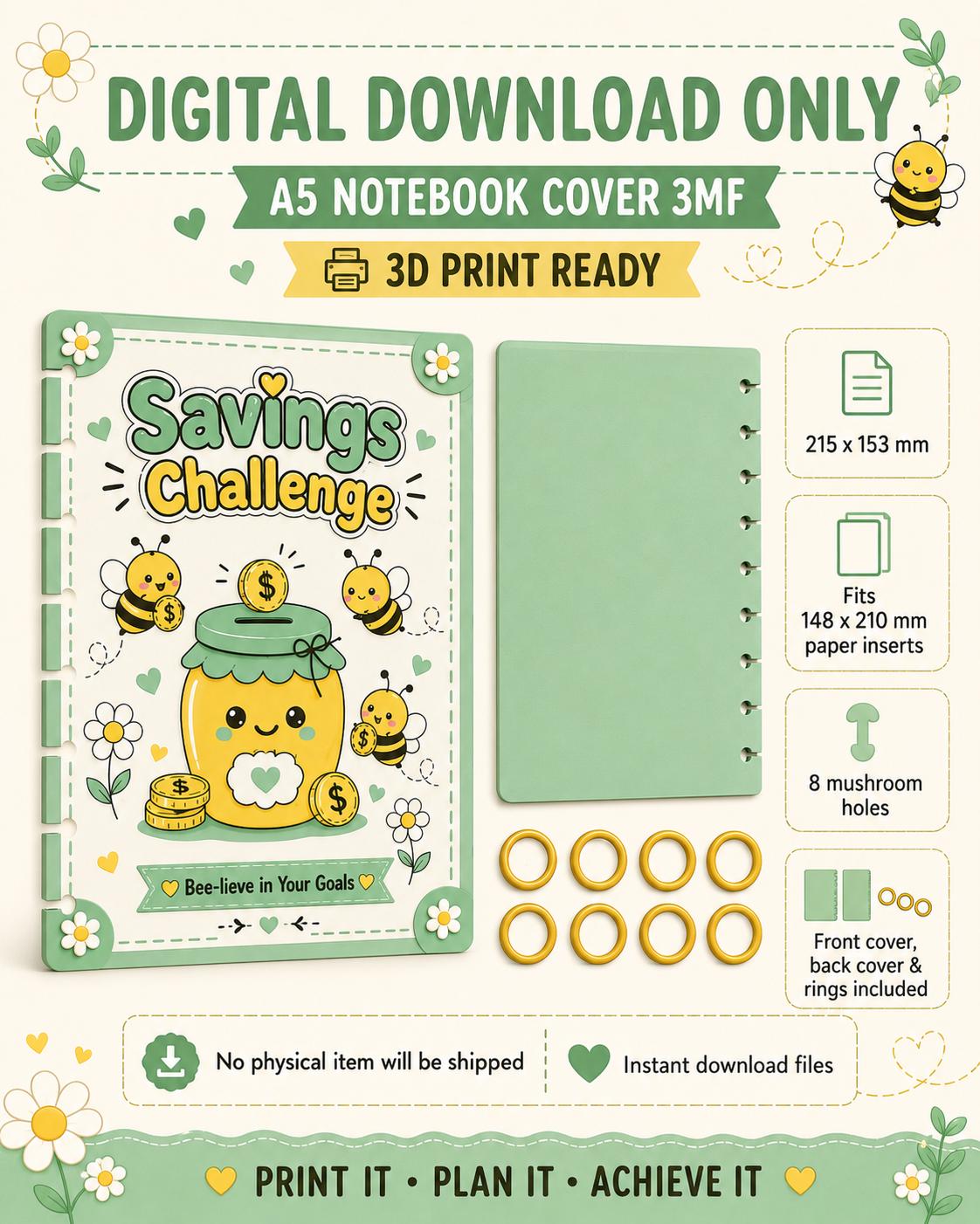 A5 Savings Challenge Notebook Cover 3MF | 3D Printable Bee Budget Planner