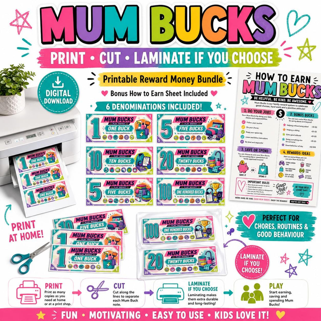 Mum Bucks Printable Reward Money, Chore Chart System, Kids Behaviour Rewards, Digital Download