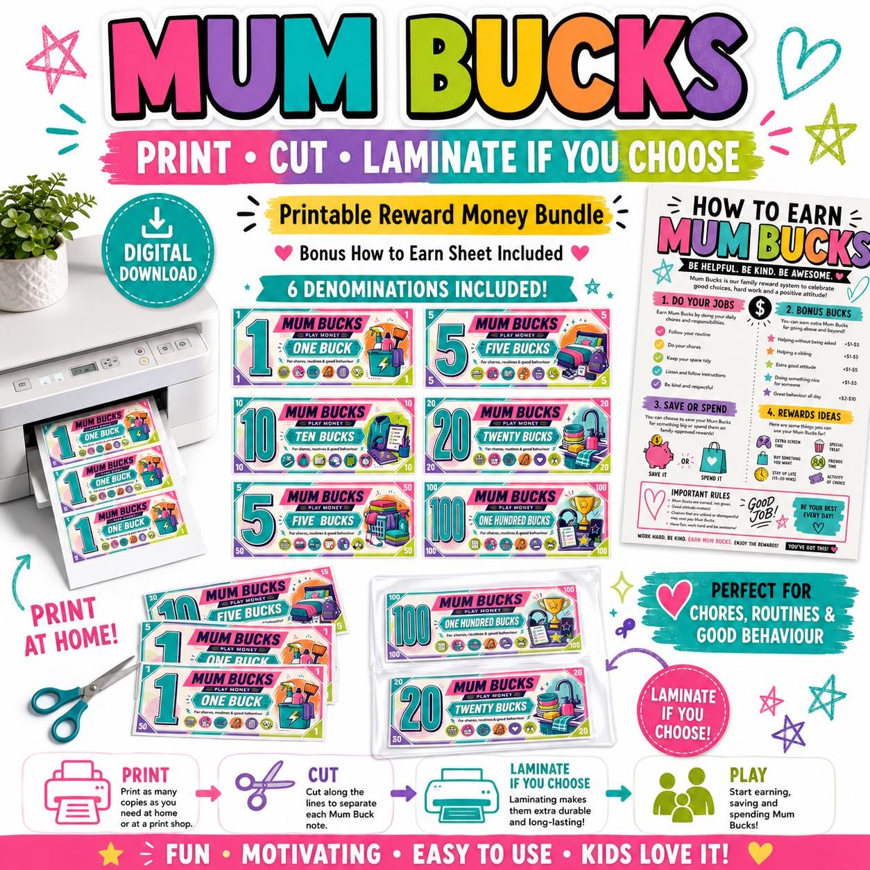 Mum Bucks Printable Reward Money, Chore Chart System, Kids Behaviour Rewards, Digital Download