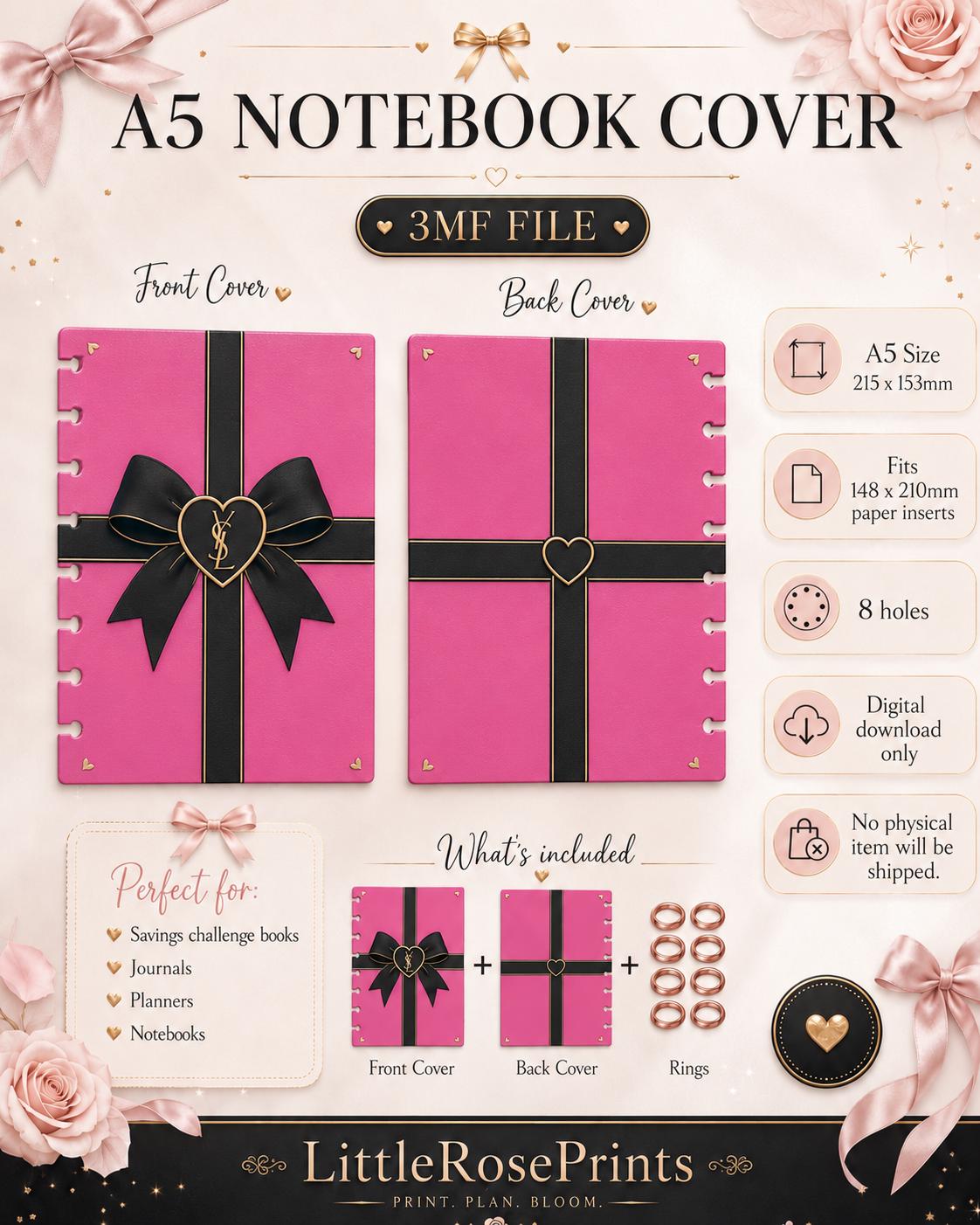 A5 Luxury Notebook Cover Bundle 3MF | 4 Front & 4 Back Covers | 3D Printable Planner Cover Set | Digital Download