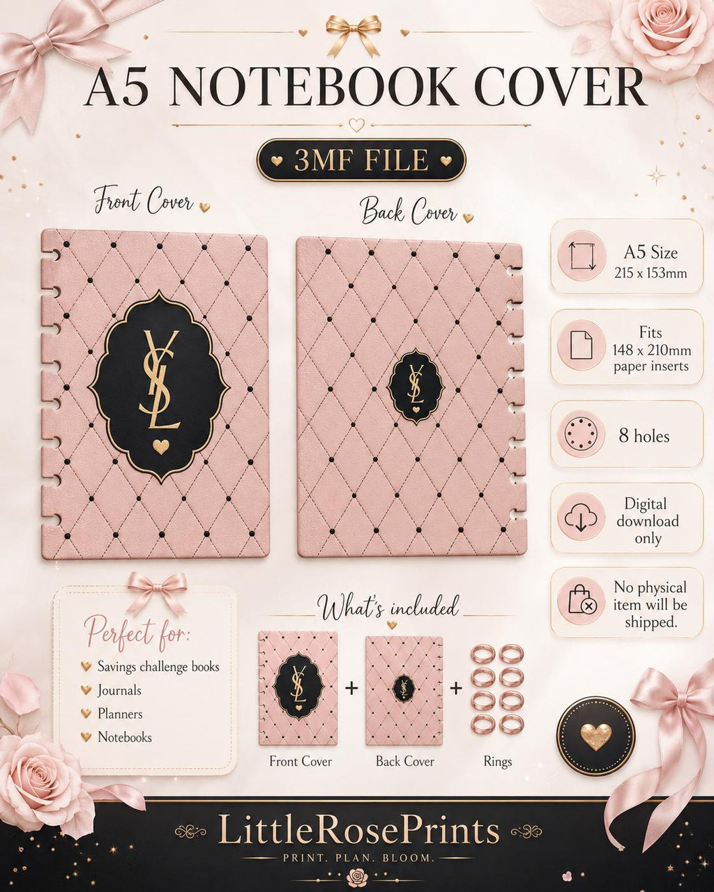 A5 Luxury Notebook Cover Bundle 3MF | 4 Front & 4 Back Covers | 3D Printable Planner Cover Set | Digital Download