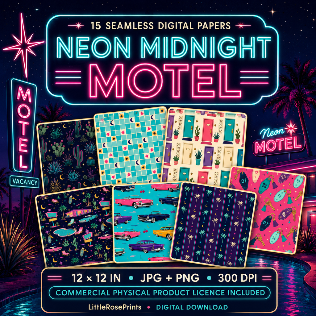 Neon Midnight Motel Seamless Digital Paper Bundle – 15 Retro Neon Patterns