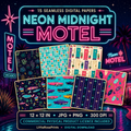 Neon Midnight Motel Seamless Digital Paper Bundle – 15 Retro Neon Patterns