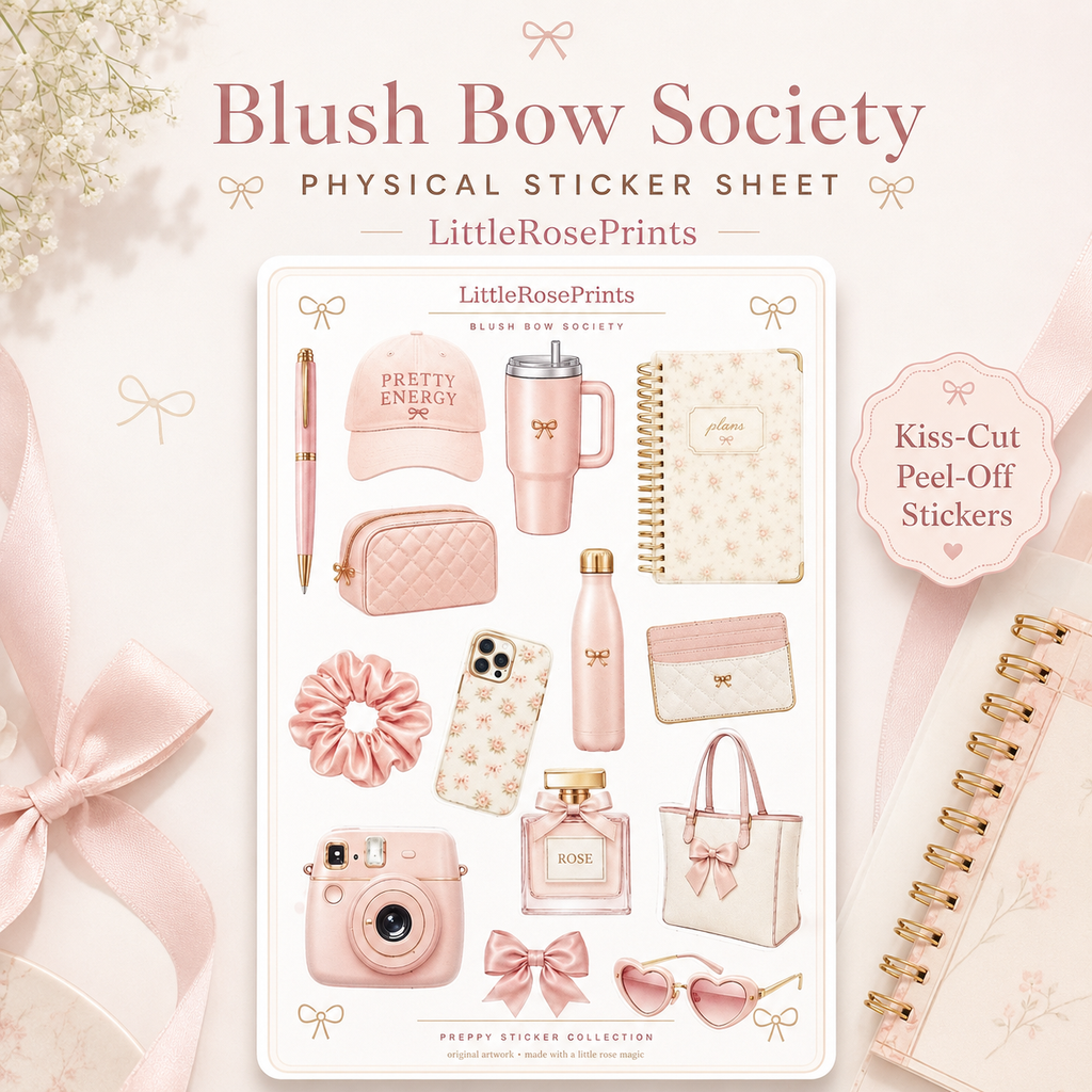 Blush Bow Sticker Sheet | Pink Preppy Aesthetic Stickers | Matte Vinyl Kiss Cut Stickers | Planner Stickers | Journal Stickers